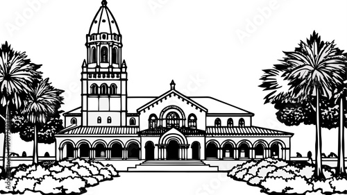 Very beautiful view of Stanford Memorial Church and Main Quad, capturing harmonious architecture, palm-lined courtyards, and timeless academic elegance under soft California light.