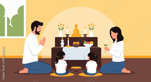 Family worshiping at home Buddhist altar with statue and offerings.