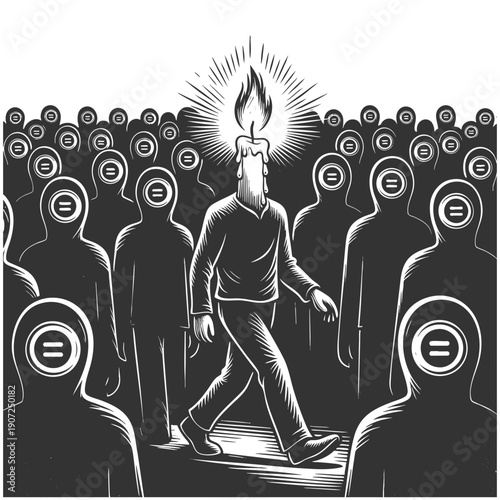 man with a candle head walking through a crowd of faceless people sketch engraving generative ai fictional character vector illustration. Scratch board imitation. Black and white image.