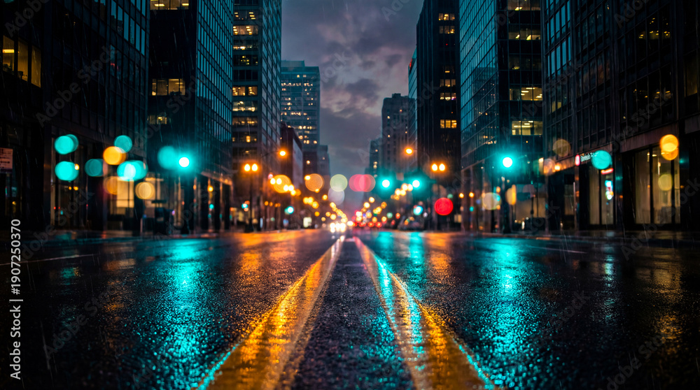 Naklejka premium Rainy city street at night with colorful lights and reflections 