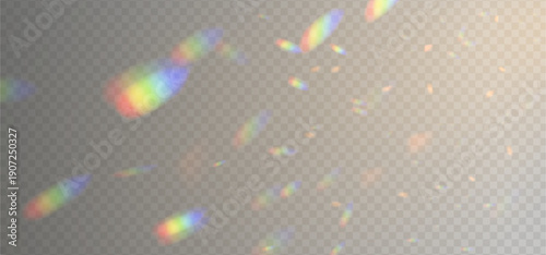 Vector light leak overlay. Colorful optical lens flare with bokeh. Natural sunlight refraction through glass prism. Magical sparkle effect.