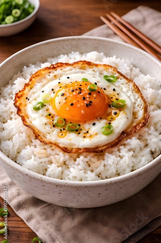 fried egg on steamed rice bowl with sesame and green onions