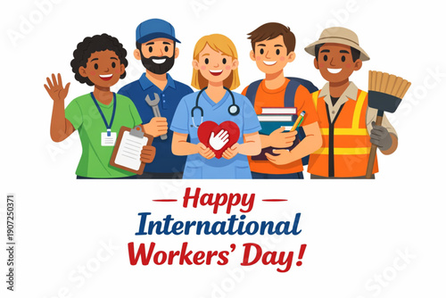 Flat Vector Illustration of Social Workers Standing Together for International Workers' Day