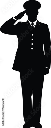 Military officer silhouette saluting, uniformed serviceman standing, respect honor duty concept, black and white vector illustration, isolated minimal design icon