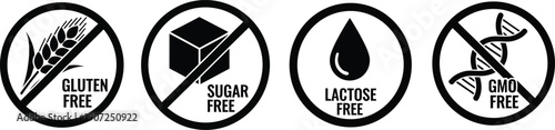 Four black and white circular icons indicating dietary restrictions and product characteristics: gluten-free, sugar-free, lactose-free, and GMO-free.