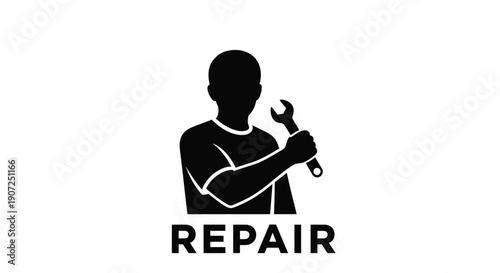 Silhouette of a worker holding a wrench with the word repair below