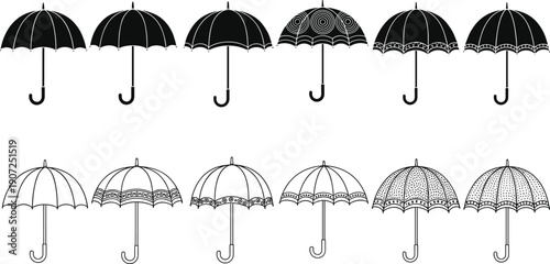 Umbrella icons collection with decorative rain umbrellas, vintage patterns, black silhouette and outline styles, weather protection symbols in flat vector illustration set