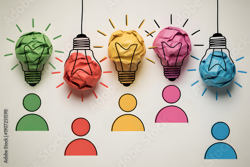 Colorful light bulbs and people icons representing ideas and teamwork concept