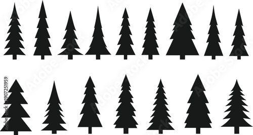 Pine tree silhouette collection, evergreen forest icons set, minimal black and white vector shapes, nature design elements, winter woodland illustration