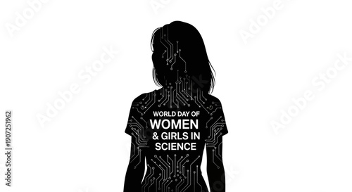 Black silhouette of a woman with long hair wearing a T-shirt celebrating World Day of Women and Girls in Science on a plain background.