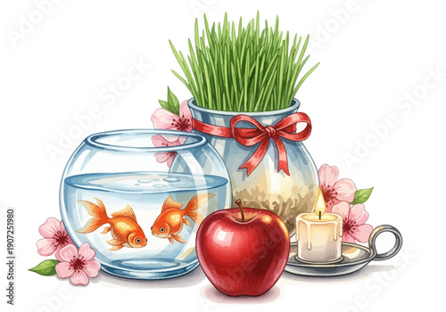 Nowruz haftsin table elements with goldfish and wheatgrass