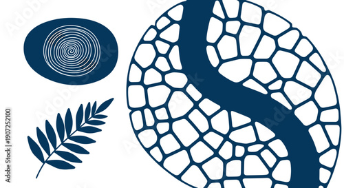 Abstract organic pattern with a river like blue stripe a fern leaf and a circular motif representing nature's flow and growth