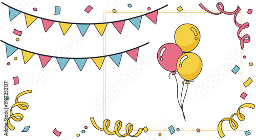 Festive celebration border with colorful bunting flags confetti streamers and balloons perfect for party invitations greeting