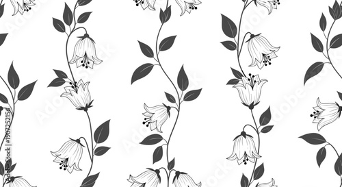 Elegant monochrome botanical pattern of delicate bellflowers and leaves on a white background seamless vector illustration