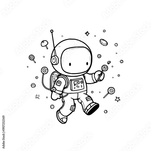 Cartoon astronaut floating in space surrounded by stars planets and various objects in black and white illustration