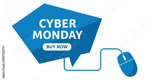 Blue cyber monday banner with 'buy now' button and computer mouse icon representing online shopping and digital sales events