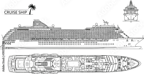 Detailed cruise ship blueprint illustration, showing side, top, front views, luxury passenger liner, technical line drawing vector, marine engineering design