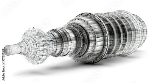 3D model of a gas turbine engine showing detailed wireframe design and structure in a digital format for engineering purposes