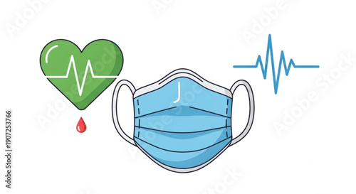 Healthcare protection and vital health monitoring illustrated with a medical face mask, a pulsing heart, and an electrocardiogram wave symbol