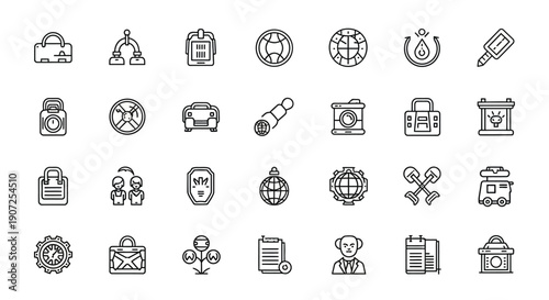 Collection of linear icons representing travel technology and communication