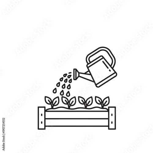 Vector illustration of a watering can pouring water onto seedlings in a raised garden bed isolated on transparent background
