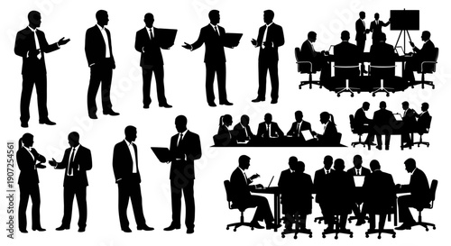 Silhouettes of business people in meetings and presentations