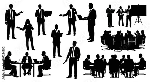 Silhouettes of business people in various meeting and presentation scenarios
