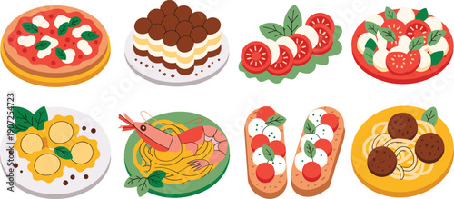 Italian cuisine illustration, pizza, tiramisu, Caprese salad, ravioli, seafood pasta, bruschetta, spaghetti meatballs, traditional Italian food artwork