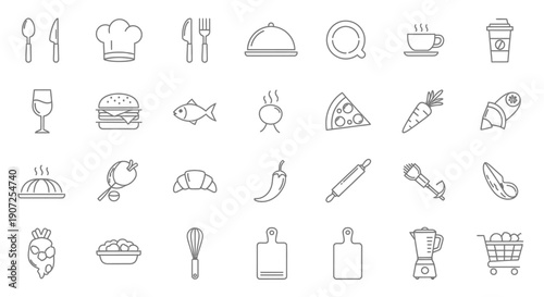Collection of simple line icons depicting various food and dining elements
