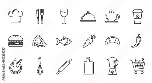 Collection of minimalist line art icons representing food and cooking items