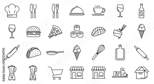 Collection of linear food cooking and restaurant related icons