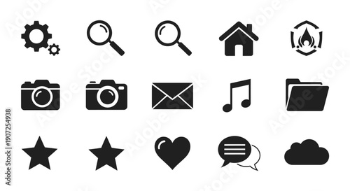 Collection of black glyph icons representing common digital functions