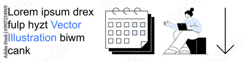 Time management, remote work, scheduling, organization, productivity, planning. Woman using a laptop next to a calendar. Remote work and time management concept