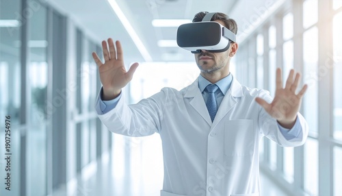 Doctor wearing vr headset in hospital hallway uses virtual reality tech for medical training or patient care