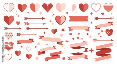 Collection of red and pink hearts arrows and ribbon banners
