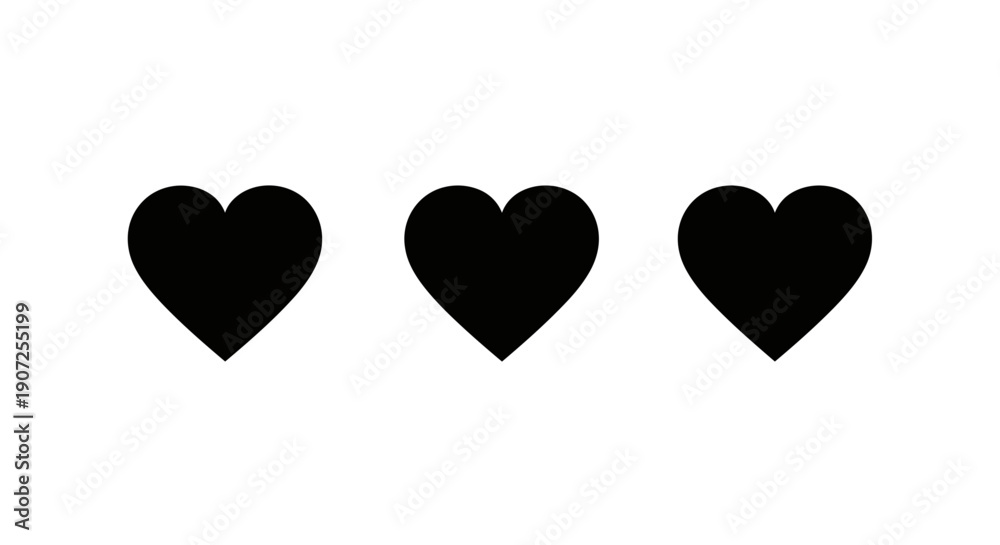 Obraz premium Three black hearts arranged horizontally on a white background