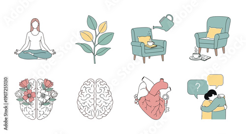 Mental wellbeing icons depicting meditation self care and emotional health