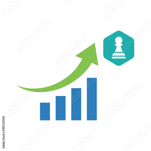 Blue bar graph with green upward arrow and white chess pawn bar chart upward trend growth des