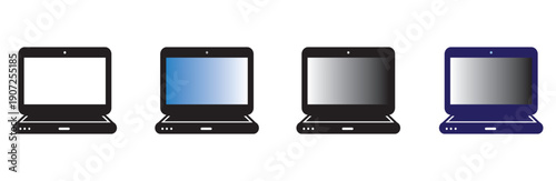 Four blank laptop screens on black stands mockup minimal tech display setup