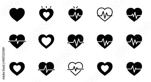 Collection of black heart icons with varying designs and electrocardiogram lines