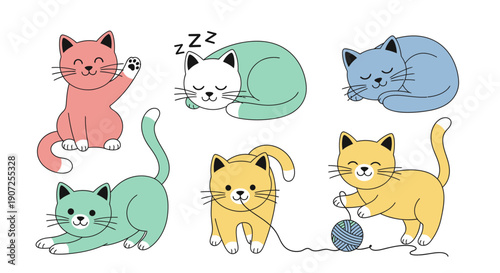 Colorful illustration of six adorable cats in various playful poses