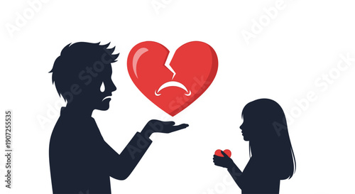 Silhouette of a couple experiencing heartbreak with a broken red heart