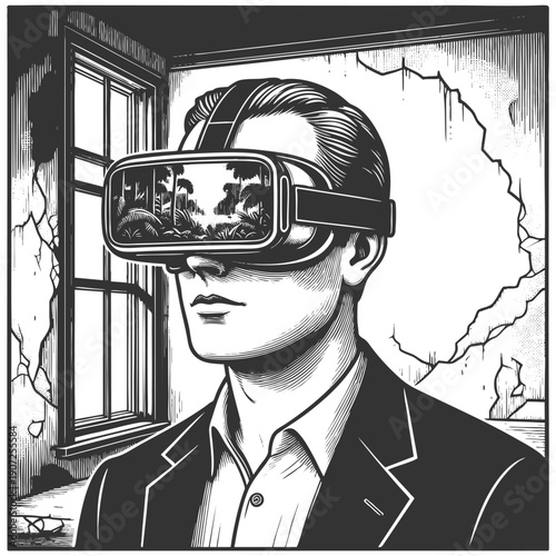 man wearing a virtual reality headset, immersed in a lush digital world while standing in a crumbling room sketch engraving generative ai vector illustration. Scratch board. Black and white image.