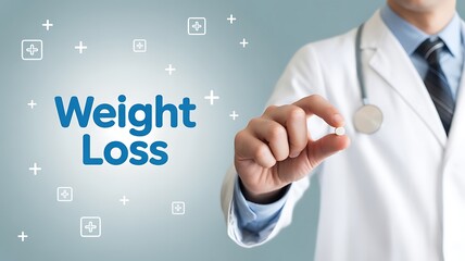 Doctor pointing at weight loss text with medical icons in the background