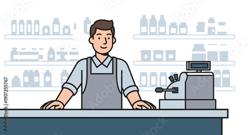 A smiling shopkeeper stands behind a counter in a store setting