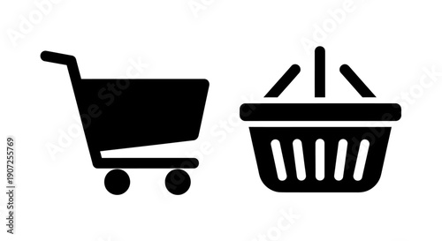 Shopping cart and basket icons in a simple black and white design