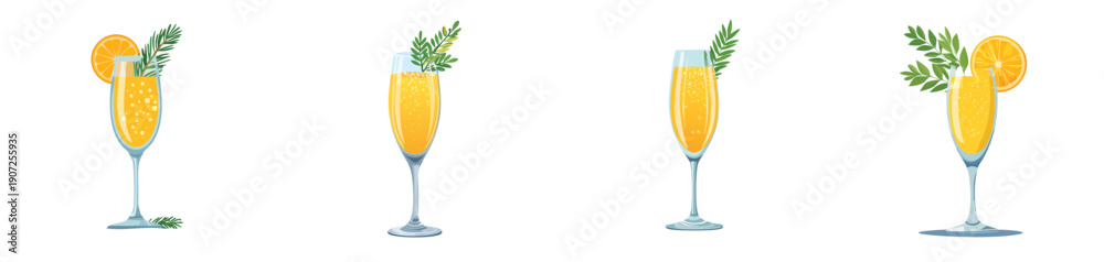 Obraz premium Easter Mimosa Champagne Glass Vector Set – Festive Spring Citrus Cocktail Illustration Collection