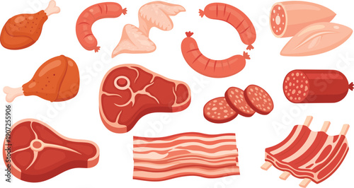 Cartoon Meat and Poultry Illustration Set with Chicken Sausage Bacon Beef and Pork Cuts for Food Packaging Menus and Vector Designs