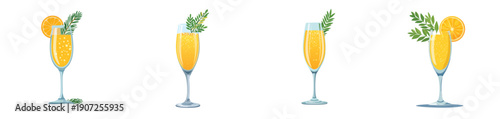 Easter Mimosa Champagne Glass Vector Set – Festive Spring Citrus Cocktail Illustration Collection