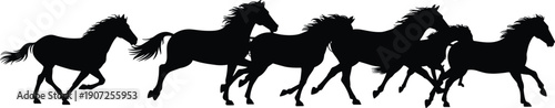 Horse silhouettes illustration with running group poses, flowing manes, dynamic motion artwork, black and white, animal, wildlife, nature, freedom design concept